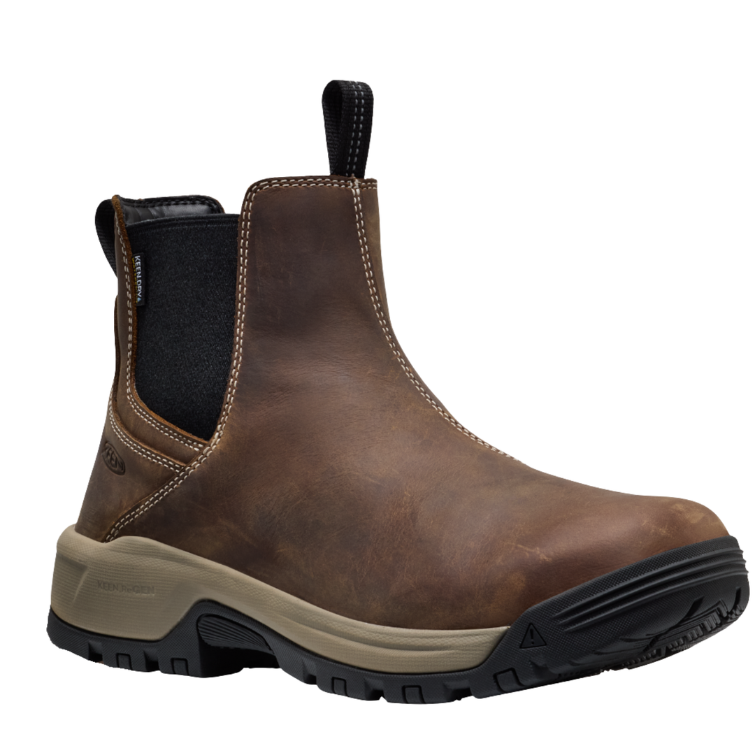 Brown leather boot with black sole on a white background