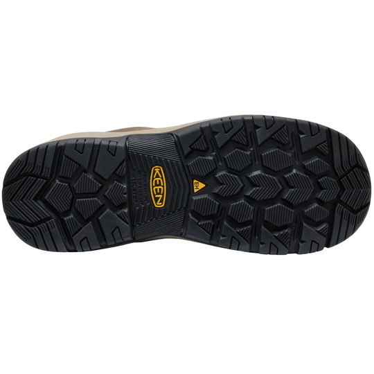 Close-up of a black and brown work boot sole with Keen logo on a white background