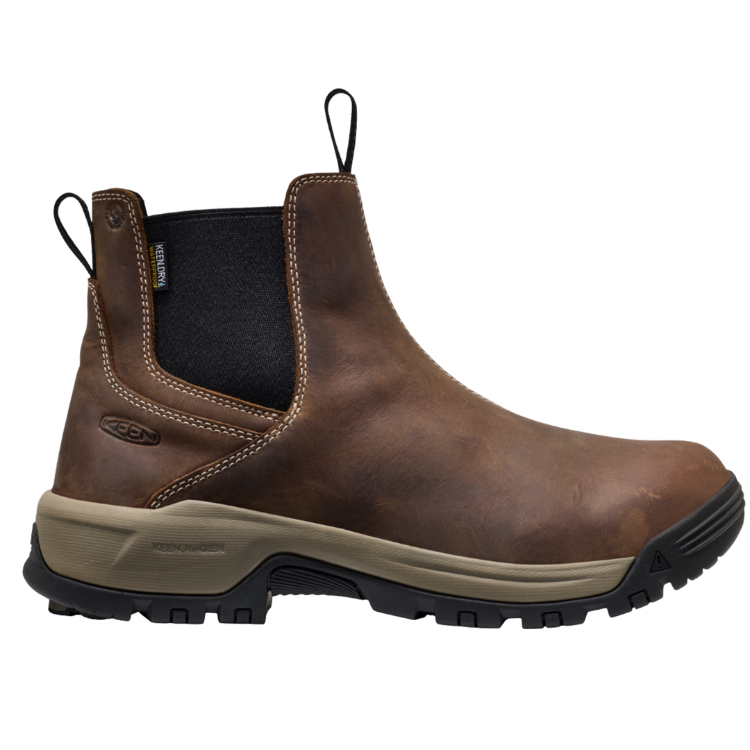 Brown leather boot with a black sole on a white background