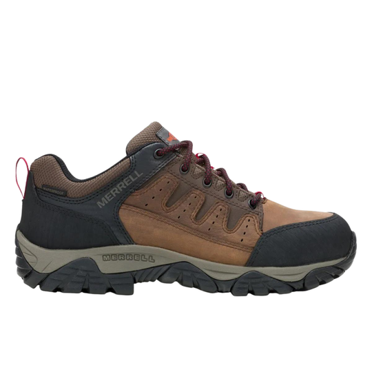 Brown and black hiking shoe with Merrell branding on a white background