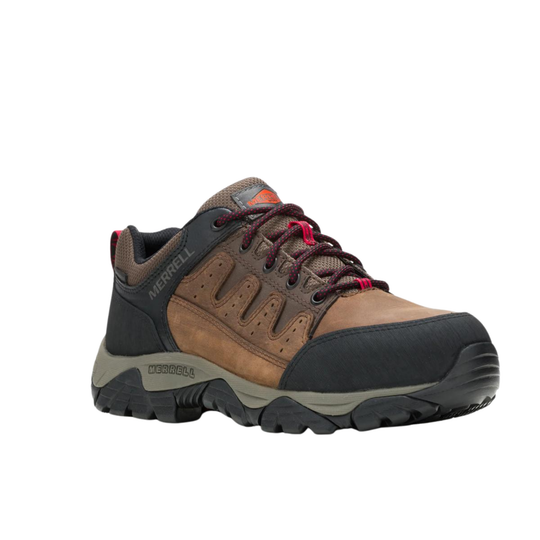 Brown and black hiking shoe with Merrell branding on a white background