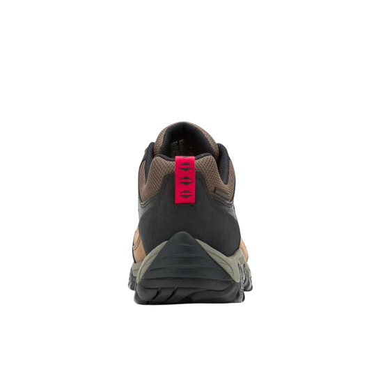 Back view of a hiking shoe with a red tag on a white background