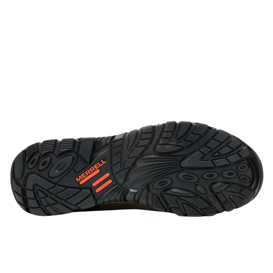 Black shoe sole with Merrell branding on a white background