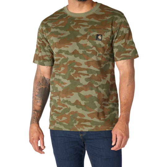 Camouflage t-shirt worn by a person on a white background