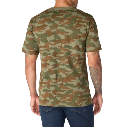 Person wearing a camouflage t-shirt on a white background