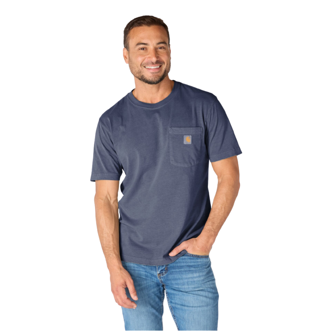 Man wearing a blue t-shirt and pants on a white background