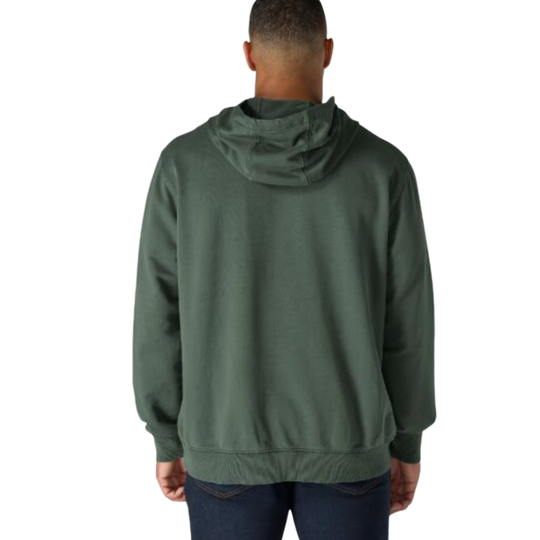 Person wearing a green hoodie from behind on a white background