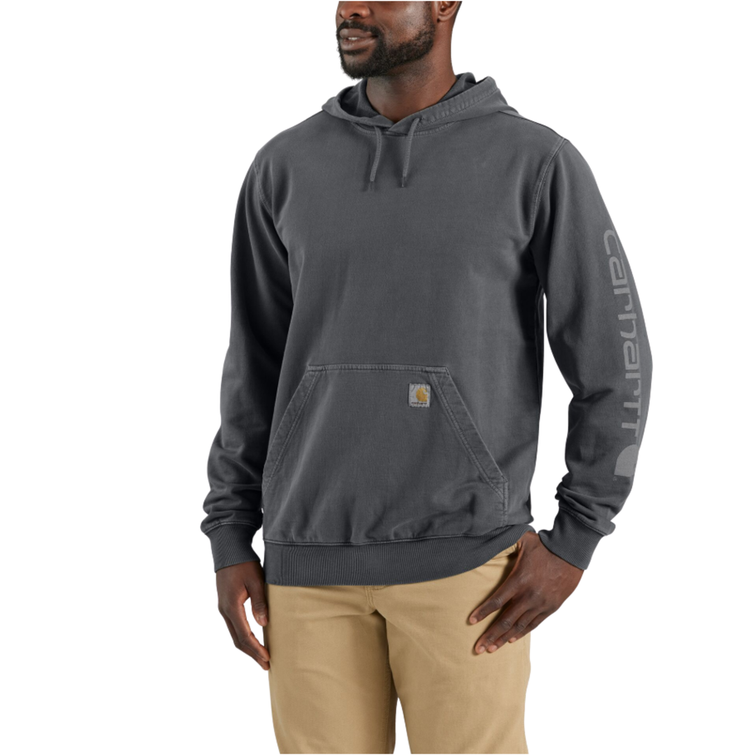 Man wearing a gray hoodie with a visible brand logo on a white background