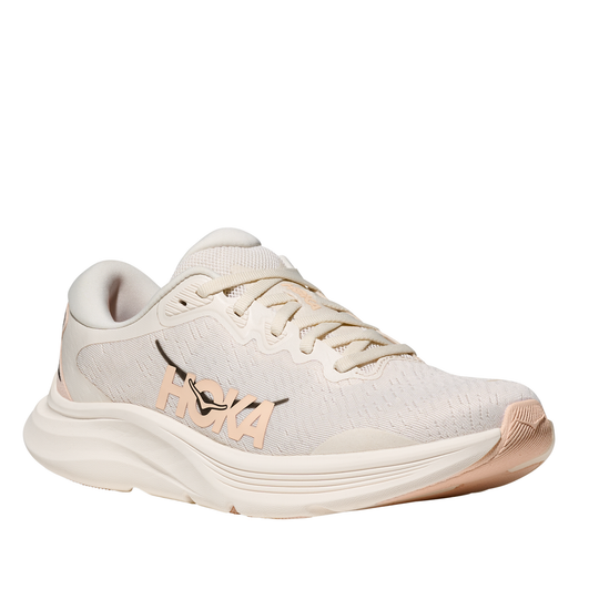 White running shoe with 'Hoka' branding on a white background