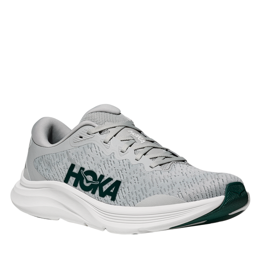 Gray running shoe with green accents on a white background