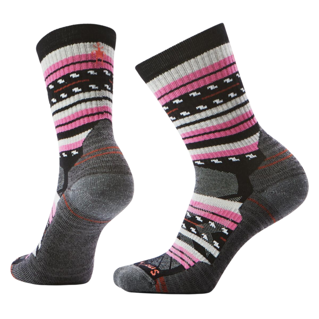 Pair of gray socks with pink and black stripes on a white background