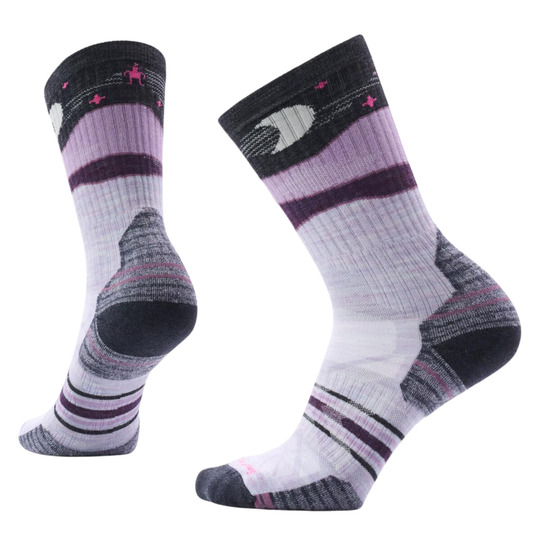 Pair of Purple, Black, and Gray socks with a white background