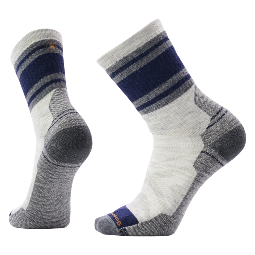 Pair of White, Blue, and Gray socks on a white background