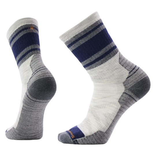 Pair of White, Blue, and Gray socks on a white background