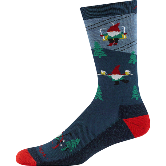 Socks with skiing gnomes design on a white background
