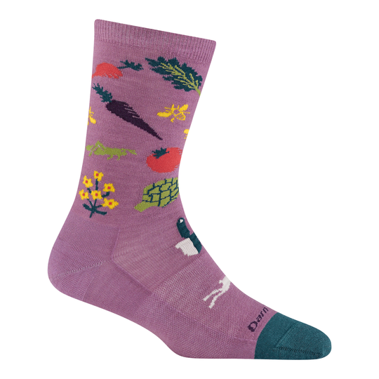 Purple sock with vegetable patterns on a white background