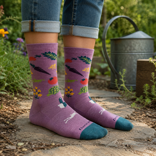 Purple socks with garden-themed design worn by a person in a garden setting