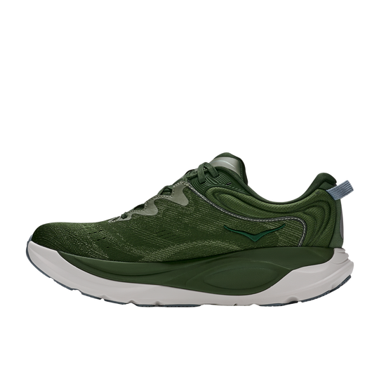 Green running shoe on a white background