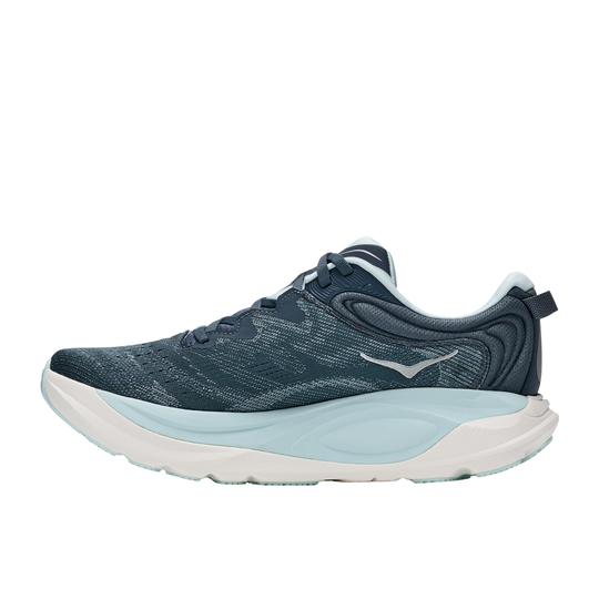 Blue running shoe with white sole on a white background