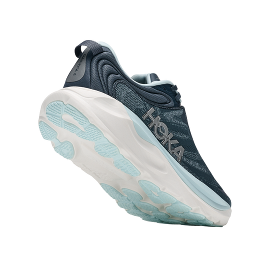 Navy and light blue running shoe with 'Hoka' branding on a white background