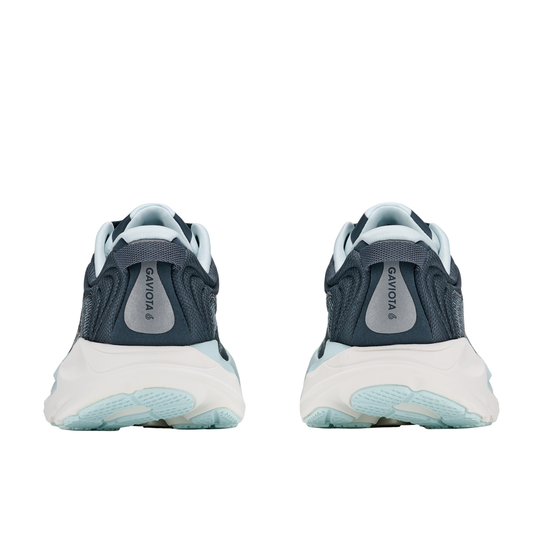 Pair of blue and white sneakers on a white background