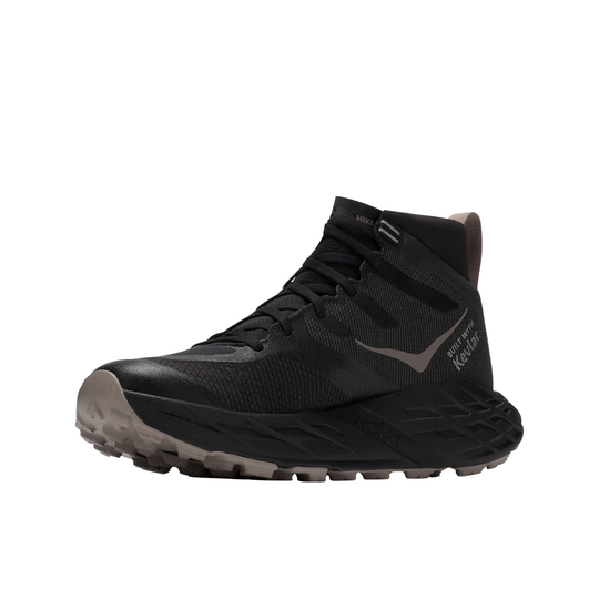 Black hiking sneaker with logo on a white background