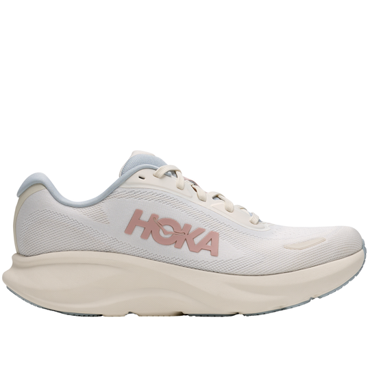 White running shoe with pink 'Hoka' logo on a white background