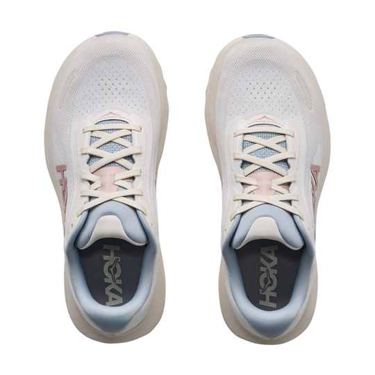 Pair of white and blue running shoes with 'Hoka' branding on a white background