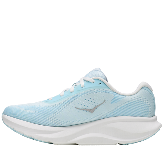Light blue running shoe with white sole on a white background