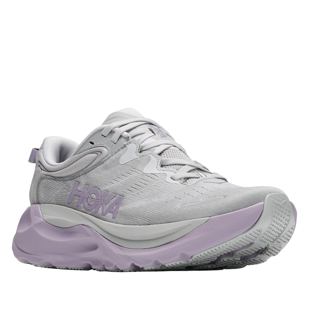 Gray and purple running shoe with 'Hoka' branding on a white background