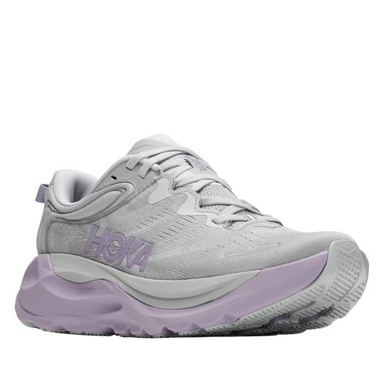 Gray and purple running shoe with 'Hoka' branding on a white background