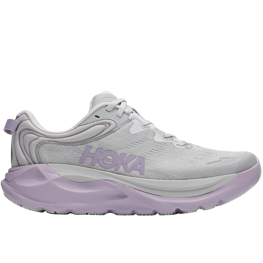 Gray and purple running shoe with 'Hoka' branding on a white background