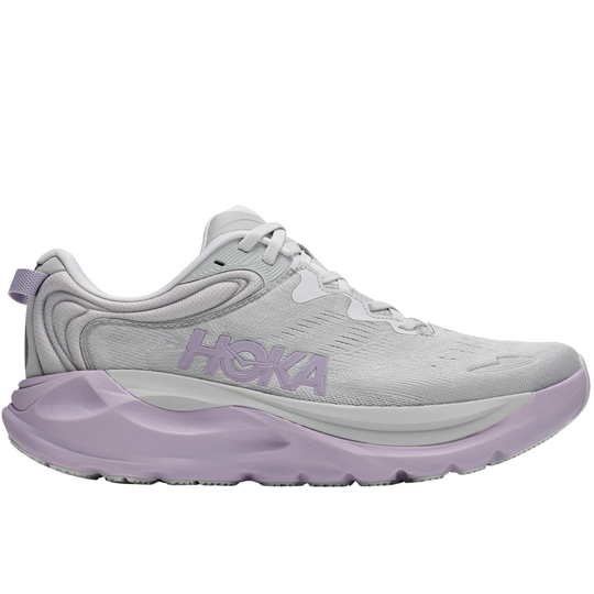 Gray and purple running shoe with 'Hoka' branding on a white background