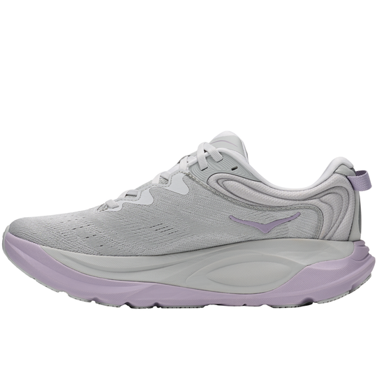 Gray and purple running shoe on a white background