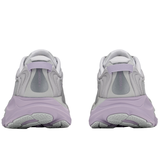 Pair of gray and purple sneakers on a white background