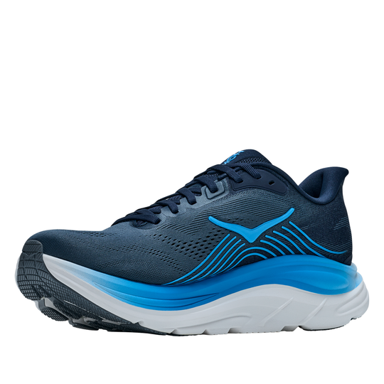 Blue running shoe with white sole on a white background
