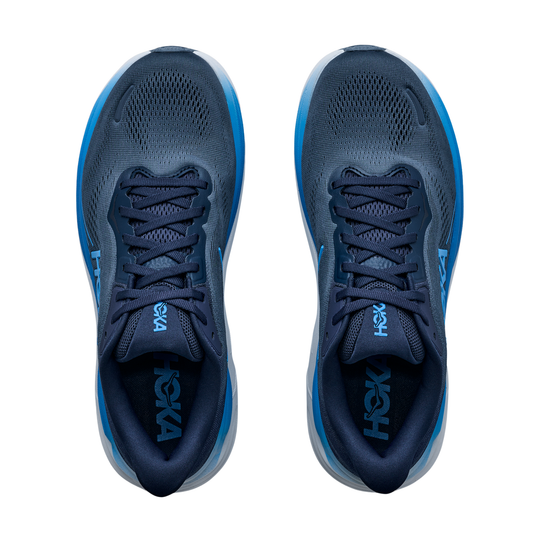 Pair of blue running shoes with 'Hoka' branding on a white background