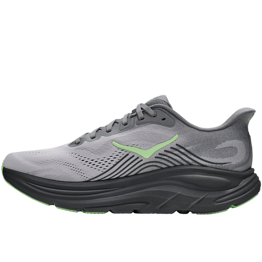 Gray running shoe with a green accent on a white background