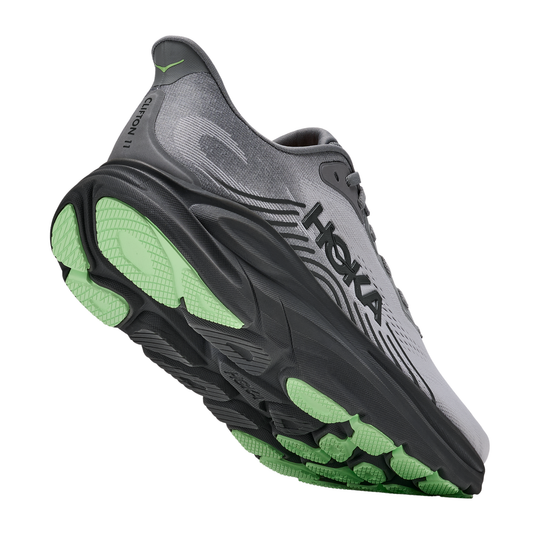 Gray and green running shoe with 'Hoka' branding on a white background