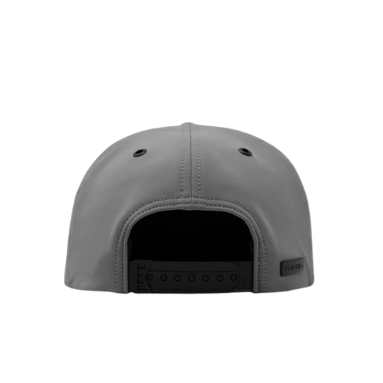 The back view of a gray snapback cap with a black adjustable strap and a small black brand tag on the side, shown against a plain white background.
