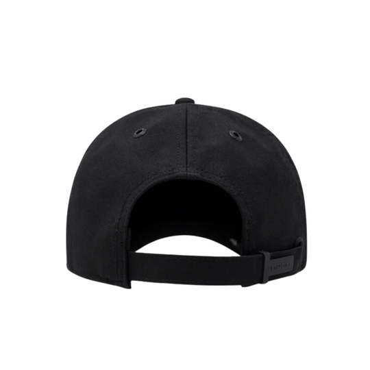 Black baseball cap shown from the back, featuring a structured crown, ventilation eyelets, and an adjustable strap with a small dark brand tab on the side.