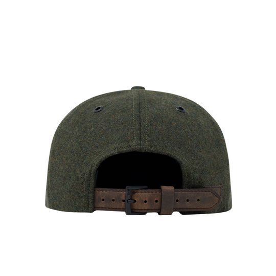 The back view of an olive green wool cap with a brown leather strap and black buckle, shown on a solid white background.