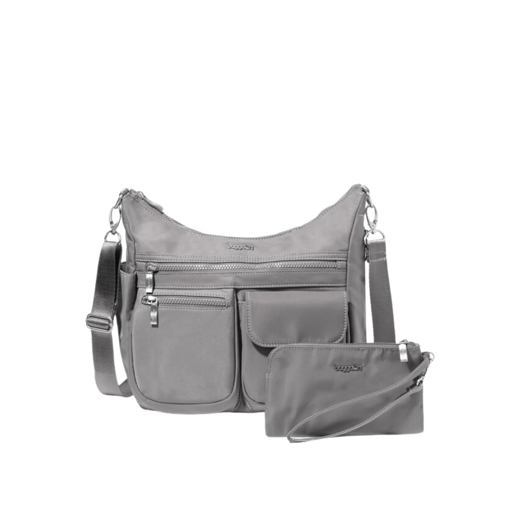 Gray shoulder bag with matching pouch on a white background