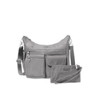 Gray shoulder bag with matching pouch on a white background