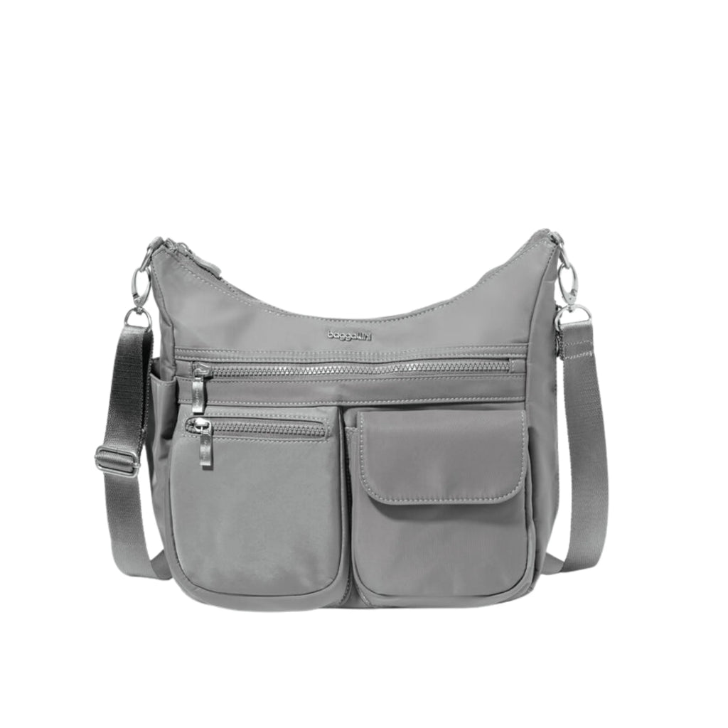 Gray crossbody bag with multiple pockets on a white background