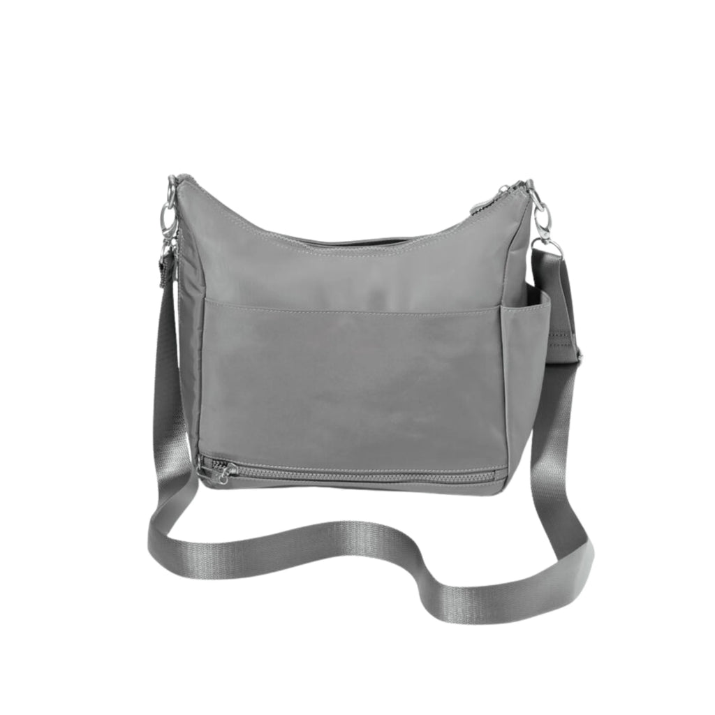 Gray shoulder bag with a strap on a white background