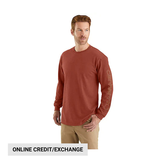 Rust-colored long-sleeve crewneck shirt with vertical sleeve logo text