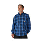 Man wearing a blue plaid shirt on a white background