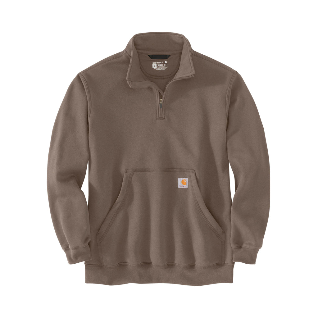 Brown pullover with a quarter-zip design on a white background