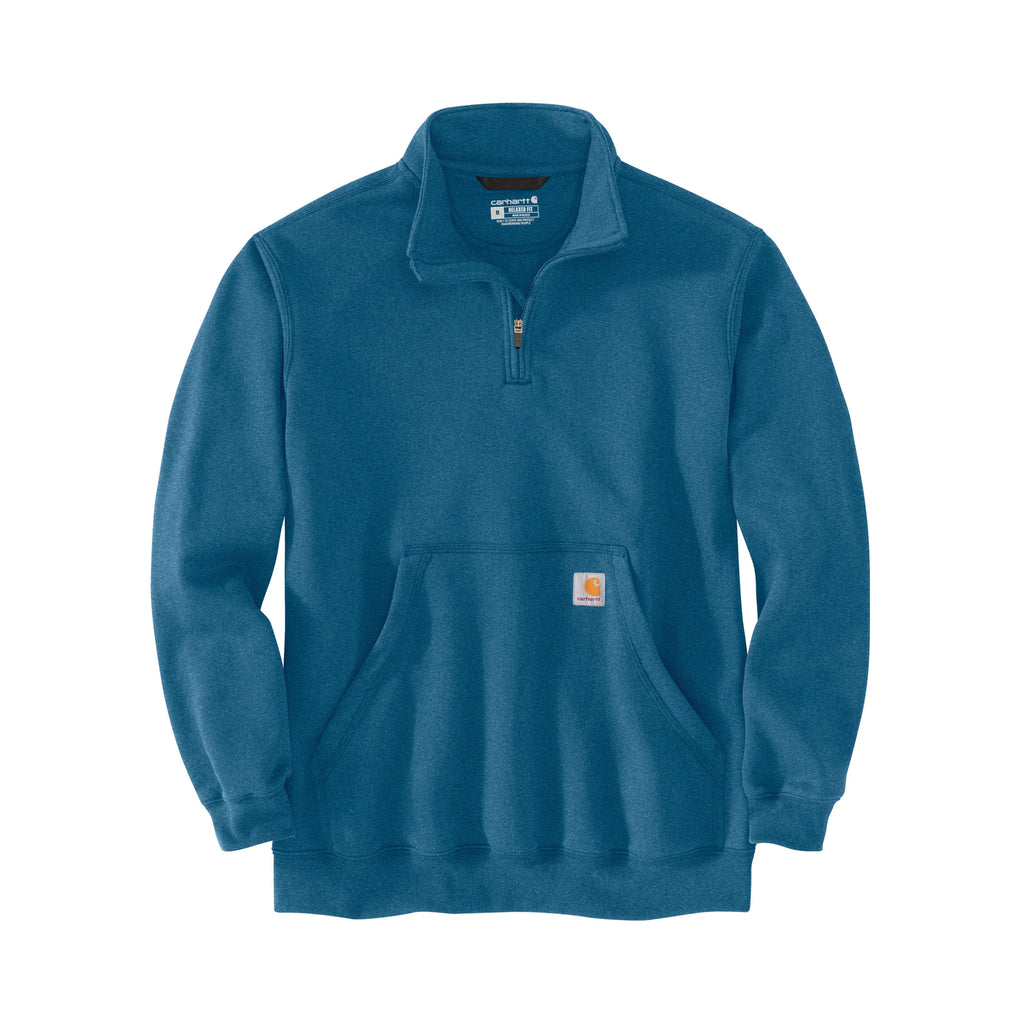 Blue pullover sweatshirt with a brand logo on a white background